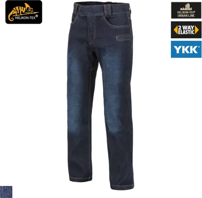 A pair of dark blue jeans against a white background, with marketing badges.