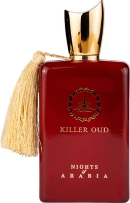 A red perfume bottle with a gold cap and a gold tassel.