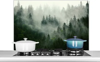 Produktbild von KitchenYeah®  Spritzschutz Küche - Küchenrückwand - Wandschutz für Herd und Spüle - Wald - Nebel - Bäume - Natur 100x65 - Alu-Dibond (Alternative zum Spritzschutz aus Glas) - Hitzebeständig - Herdspri