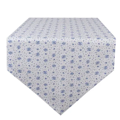 Produktbild von Clayre & Eef Tischläufer 50x160 cm Weiß Blau Baumwolle Rosen