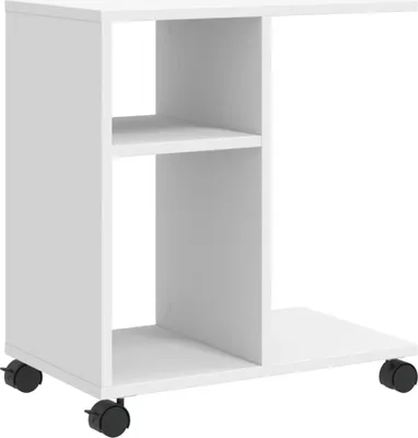 A white side table with shelves and wheels.