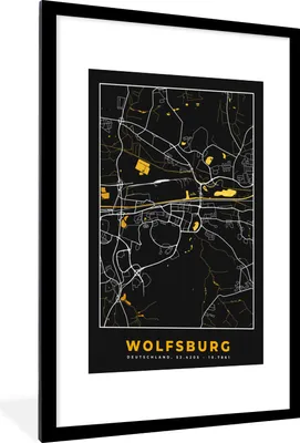 Produktbild von MuchoWow® Gerahmtes Poster Schwarz und Gold - Stadtplan - Wolfsburg - Deutschland - Karte 60x90 cm - Poster mit Schwarzem Bilderrahmen Wandposter Rahmen Foto Bilder - Dekoration - Wandposter Wohnzimmer - Hochwertig