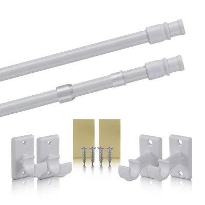 A set of white cafe curtain rods and mounting hardware, including adjustable rods, brackets, and screws, laid out on a white background.