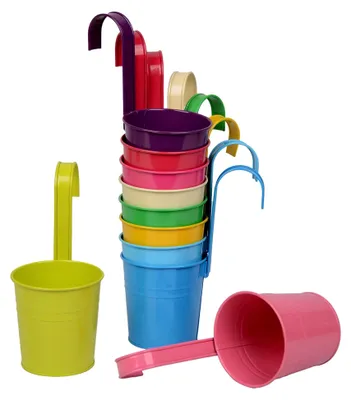 Produktbild von Hängetöpfe 10er Set, Hängende Blumentöpfe mit abnehmbarem Henkel, Vielseitige Balkontöpfe für Blumen, Kräuter und Deko, Metall, wetterfest, ⌀10 cm