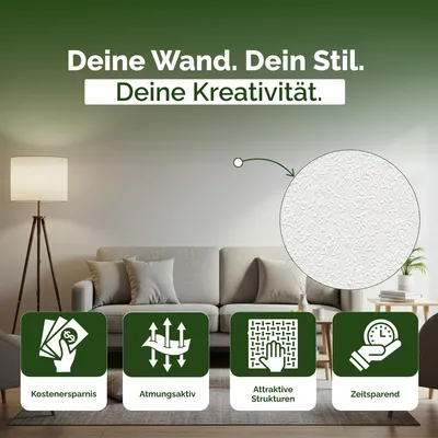 Produktbild von Vliestapete Raufasertapete – Raufaser, 10,05 m x 0,53 m, überstreichbar, atmungsaktiv, Wandtapete  Germany – Veluxis