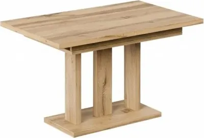 A wooden dining table with a modern design, shown against a white background.