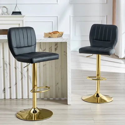 Produktbild von STILVORA Barhocker höhenverstellbar mit 360° Drehfunktion und Rückenlehne, Tresenhocker mit Fußstütze, Küchenhocker aus Kunstleder Schwarz mit Gold-Chrom Finish
