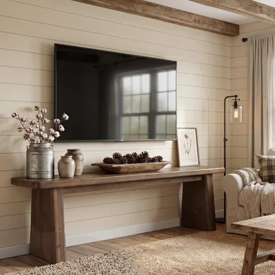 Immagine prodotto di Supporto TV in legno massello da 55 pollici (circa 140 cm) per televisori fino a 65 pollici, mobile TV in stile rustico con gambe robuste, tavolino consolle per TV, colore marrone