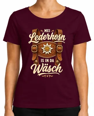 Obrázek produktu pro Mei Lederhosn – Dámské tričko s motivem Oktoberfestu, s potiskem "Lederhose", barva: vínová, velikost: M