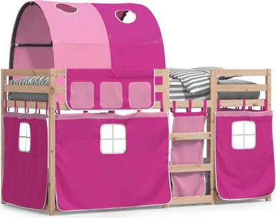 Produktbild von vidaXL Etagenbett mit Vorhängen Rosa 90x190 cm Massivholz Kiefer