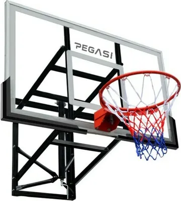 A basketball hoop and backboard are shown against a white background.