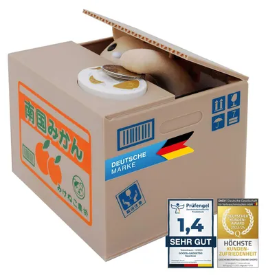 Produktbild von Katze in einer Kiste, Münzen, Euro, Spardose, elektronische Pfotenabdrücke, Sparschwein