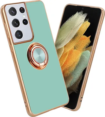 A phone case with a ring holder is shown next to a smartphone.