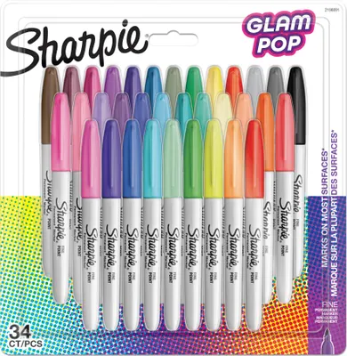 A package of 34 Sharpie fine point permanent markers in various colors, labeled 'Glam Pop'.