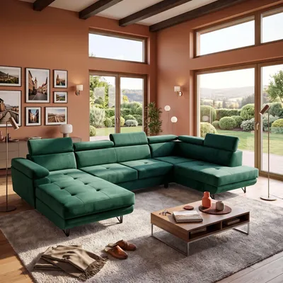 Produktbild von MUFFO Ecksofa U-Form JUNIOR U Rechts mit Schlaffunktion 128x254 Velours Dunkelgrün