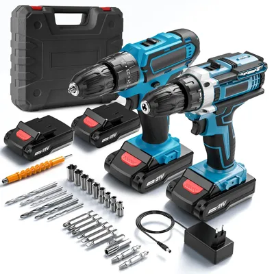 Produktbild von Akku Schlagschrauber Bohrschrauber Set - Kabellose 18V Bohrmaschine - 25+3 Drehmomentstufen - Akku enthalten - Handgerät - Set A+B