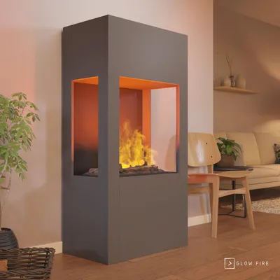 Produktbild von GLOW FIRE Elektrokamin 'Böll'| Wasserdampf Kamin mit OMC 600 inkl. Holz in grau als Raumteiler | HxBxT: 145x54x44 cm