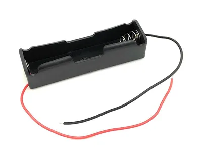 A black battery holder for a single 18650 battery with attached red and black wires, shown against a white background.