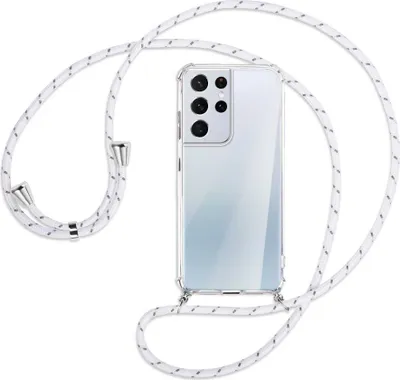 Produktbild von Handykette Backcover-Schutzhülle mit Band (Metall silberfarben) für Samsung Galaxy S21 Ultra 5G - weiß/grau