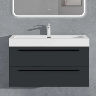 Produktbild von doporro Badmöbelset Waschbeckenunterschrank 100cm, Unterschrank in Eisenasche mit Mineralguss-Waschbecken Quadratto