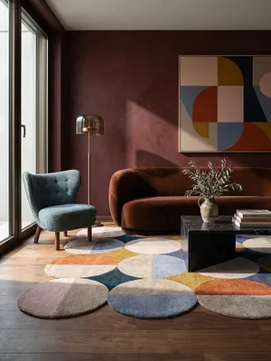 Produktbild von Wollteppich Kreis Wellenform, Wohnzimmer Multicolor Rechteckig 160x230 | 100% Wolle, Rücken aus 75% Baumwolle, 25% Polyester | Florhöhe: 12 cm | Handgetuftet