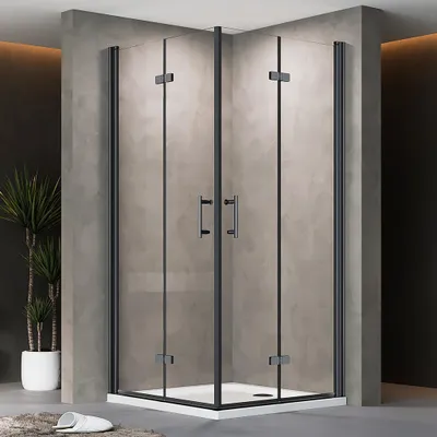 Produktbild von Falttür Duschkabine 90x90x195cm Eckeinstieg Schwarz Duschabtrennung Faltbar Eckdusche ESG-NANO GLAS Komplett Dusche Faltdusche Mit Duschwanne