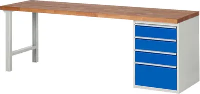 Produktbild von Werkbank mit 4 Schubladen - Teilauszug - 150:3 / 270:1 - 890 x 2.500 x 700 mm (HxBxT) - Traglast 1.000 kg - Buche