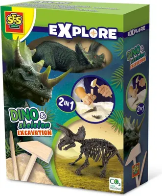 Produktbild von SES Creative Explore 25093 Dino und Skelette ausgraben 2 in 1 - Triceratops - Lehrreiches Ausgrabungsspielzeug für Kinder, Dinosaurier, Archäologie, 5 Jahr(e), Mehrfarbig