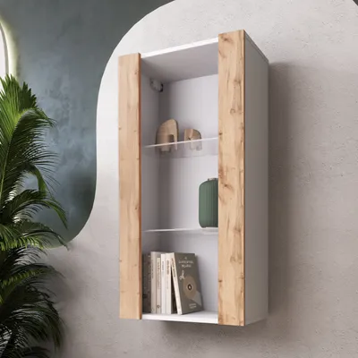 A wall-mounted cabinet with wooden accents, displaying books and decorative items.
