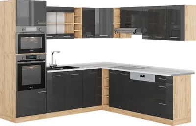 Produktbild von Eckküche Vicco R-Line Anthrazit Hochglanz/Goldkraft Eiche 247 x 60 cm , AP Marmor, Model 42975
