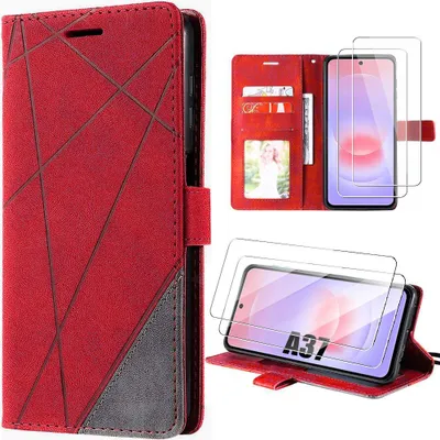 Image de Coque + 2 Verres Trempés pour Samsung Galaxy A37 5G, Protection Anti-Rayures Effet Cuir Gris Rouge