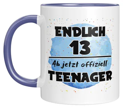 Kaffeetasse 'Endlich 13' – Blau, 330 ml, Keramik, spülmaschinenfest
