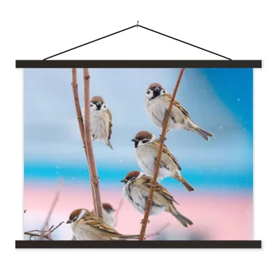 Produktbild von MuchoWow® Textilposter Vögel - Spatz - Tiere - Äste 40x30 cm mit schwarzem Rahmen - Dekorationen