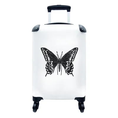 Produktbild von MuchoWow® Koffer Handgepäck Trolley Rollkoffer Kleine Reisekoffer mit 4 Rollen - Schmetterling - Tiere - Retro - Schwarz und weiß - Cabin Size < 55x40x23 cm & 55x40x20 cm - Fotokoffer - Kabinenkoffer - Boardgepäck - Reise-Box - Reisekoffer - Reisegepäck - Koffer mit Bild - Trolley für Kinder