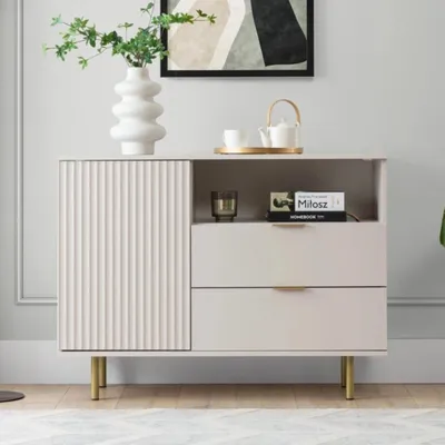 Produktbild von Kommode Nubia K1D2SZ mit zwei Schubladen Anrichte gefräste Fronten und Metallfüße Wohnzimmer (Kaschmir + goldene Beine)