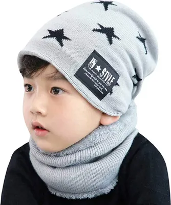 Produktbild von Kinder Mütze Schal Set, Fleecefutter, Sterne, Jungen 3-10 Jahre, A0214 Grau
