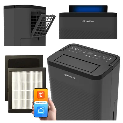 A collage of images showing a black dehumidifier and air purifier, its filters, and a smartphone app interface.