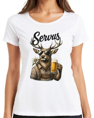 Zdjęcie produktu dla Koszulka damska "Servus Hirsch Edelweiß Bier Bayern Lederhose Dirndl", biała, rozmiar S