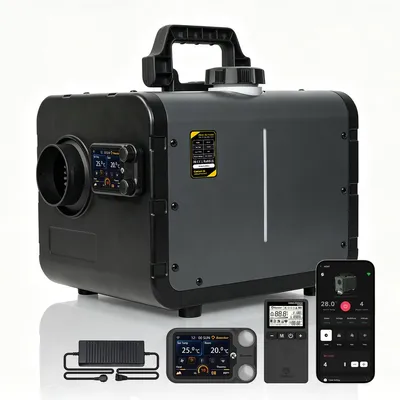 Obrázek produktu pro 8 kW dieselový vzduchový ohřívač 12V/24V–240V s Wi-Fi, Bluetooth, monitorem CO, vybavený dvěma bezkartáčovými motory, s nízkou spotřebou a režimem pro vysoké nadmořské výšky, určený pro obytné vozy, nákladní automobily a karavany
