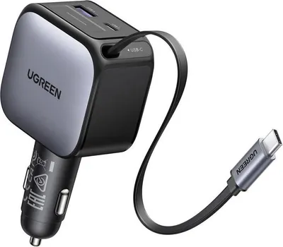 Immagine prodotto di Caricabatteria USB per auto UGREEN, 90 W, USB-A e USB-C, cavo retrattile, nero