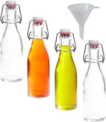 Zdjęcie produktu dla Szklane butelki z zakrętką - białe - 200 ml - w zestawie lejek do napełniania - idealne do likierów i olejów