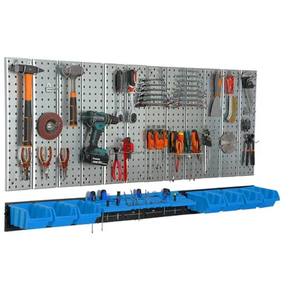 Produktbild von Werkzeugwand 156x72 cm Metall Lagersystem mit Werkzeughaltern Werkzeughaken und 7 Stapelboxen 120 x 195 x 90 mm Farbe: blau Lochbrett Werkstatt Garage Steckbrett Elektrowerkzeuge Lochwand