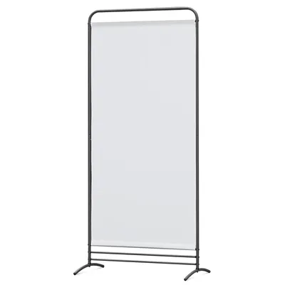 A tall, rectangular room divider with a white fabric panel and a black metal frame, standing on a white background.