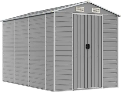 A grey metal garden shed with double doors and vents on the front.