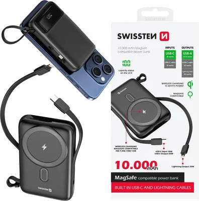 Zdjęcie produktu dla Swissten Powerbank 10000 mAh MagSafe kabel USB-C Lightning PD 22,5 W