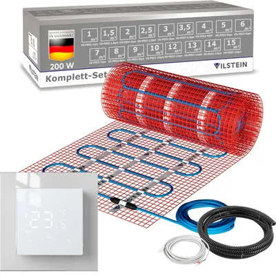 Produktbild von VILSTEIN Elektrische Fußbodenheizung 200W/m², für Fliesen Laminat und mehr, Komplett-Set, Twin Technologie Heizsystem, Fußboden Heizmatte, inkl. Thermostat weiß