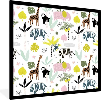 Produktbild von MuchoWow® MuchoWow® Gerahmtes Poster Dschungel - Elefant - Affe 40x40 cm - Poster mit zchwarzem Bilderrahmen - Mit Rahmen - Wanddekoration Schlafzimmer