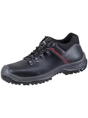 A black work shoe with gray accents and red detailing.