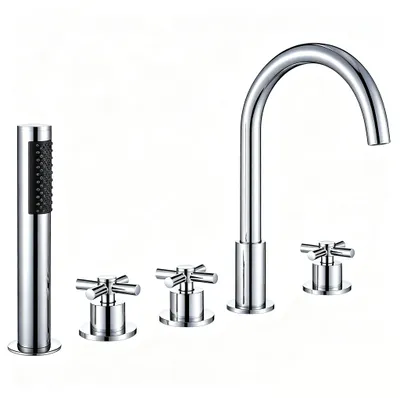 Produktbild von 5-Loch-Badewannenarmatur mit Handbrause zur Wannenrandmontage, Silberchrom