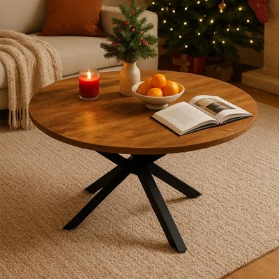 A round wooden coffee table with a Christmas tree and decorations in the background.